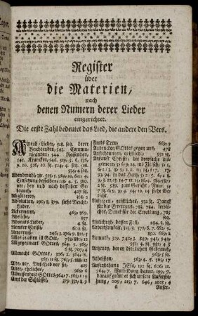 Register über die Materien, nach denen Numern der Lieder eingerichtet.