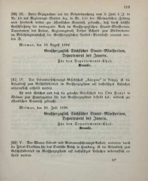 81. Ministerial-Bekanntmachung, betreffend Zulassund der Lebens-Versicherungs-Gesellschaft "Atropos" in Leipzig zum Geschäftsbetrieb im Großherzogthum