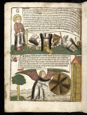 (1) Johannes die Zerstörung Babylons verkündet (Apc. VXIII, 1-6); (2) Der Engel mit dem Mühlstein (XVIII, 21-23).