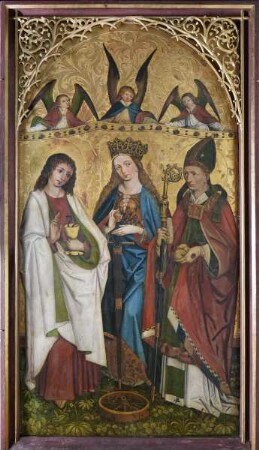 Zwei Flügel eines Altares — Anbetung durch die Heiligen Drei Könige und Heilige — Johannes Evangelista, Katharina von Alexandrien und Nikolaus von Myra