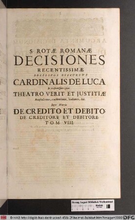 ... Super Materia De Credito Et Debito, De Creditore Et Debitore. Tom. VIII