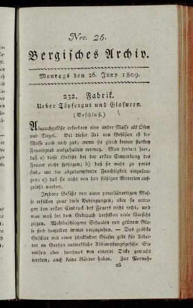 Nro. 26. Bergisches Archiv. Montags den 26. Juny 1809.