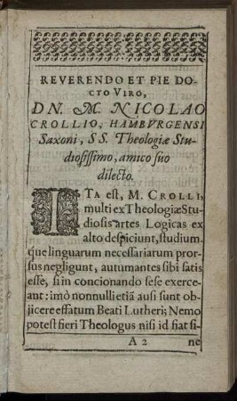 Reverendo ... Dn. M. Nicolao Crolliio, Hamburgensi Saxoni ...