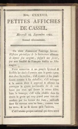 No CXXXVII Mercredi 28. Septembre 1785)