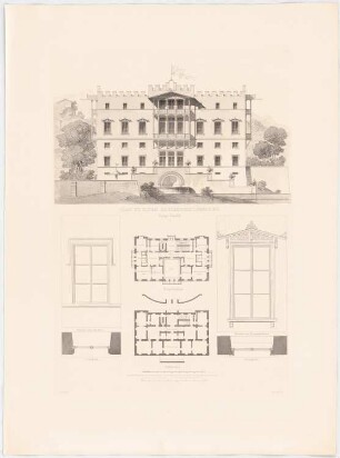 Werke der höheren Baukunst, Darmstadt 1856 Schloss im Gebirge: Grundrisse, Ansicht der Gartenseite