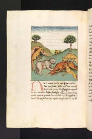 Der vernünftige Fuchs vor der Höhle und der Löwe; Füchse und Bär reißen Hirsch; (Kapitel XII: Von dem Löwen und dem Fuchs).