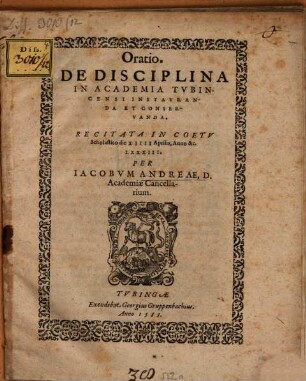 Oratio de disciplina in academia Tubingensi instauranda et conservanda