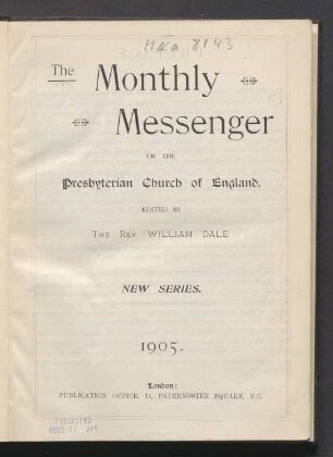 1905: The Monthly messenger of the Presbyterian Church of England