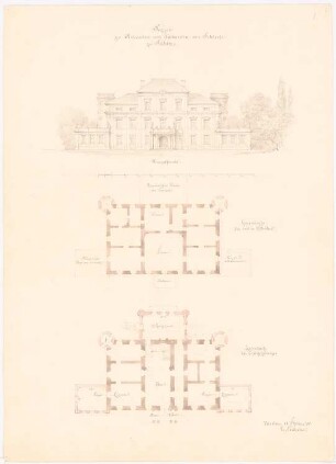 Schloss Silbitz Umbau und Erweiterung: Grundriss Erdgeschoss, 1. Obergeschoss, Aufriss Hauptansicht, Maßstabsleiste