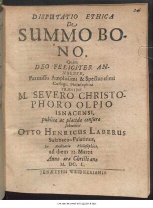 Disputatio Ethica De Summo Bono