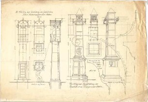 Thiersch, August ; Transformationsstationen, Masttransformatoren, Entwürfe - Vorschlag zur Ausgestaltung der Bartel'schen Transformatorstation (Grundriss, Ansicht m. Schnitt, Teilansicht, Perspektive, Detail); Vorschlag zur Gestaltung der Gebiet'schen Ideal "Mastentransformatoren Station" (Teilgrundrisse, Ansichten, Teilansicht)