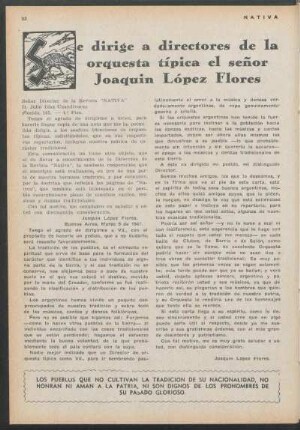 Se dirige a directores de la orquesta típica el señor Joaquín López Flores