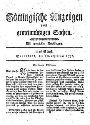 7tes Stück. Sonnabend, den 17ten Februar 1776.