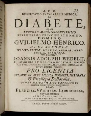 Dissertatio Inauguralis Medica, De Diabete