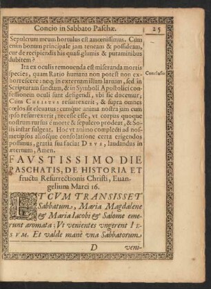 Faustissimo Die Paschatis, De Historia Et fructu Resurrectionis Christi, Evangelium Marci 16.