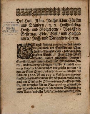 Ferner weiters Chur-Trierisches Beschwerungs-Memoriale : Dictirt in der Reichs-Dictatur, den 26. 16. Augusti, Anno 1673.
