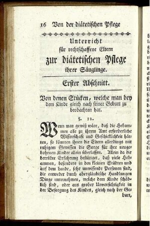 Von der diätetischen Pflege. Unterricht für rechtschaffene Eltern zur diätetischen Pflege ihrer Säuglinge.