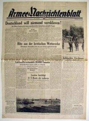 Kriegszeitung "Armee-Nachrichtenblatt" mit Berichten von verschiedenen Kriegsschauplätzen