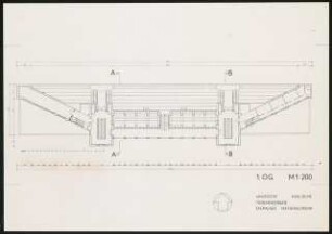 Mensa und Hochschulbibliothek, Karlsruhe Erweiterung: Tribünengebäude ehemaliges Hochschulstadion, 1. Obergeschoss, Grundriss, 1:200