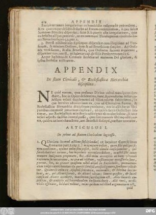 Appendix. De statu Clericali, & Ecclesiasticae Hierarchiae disciplina.