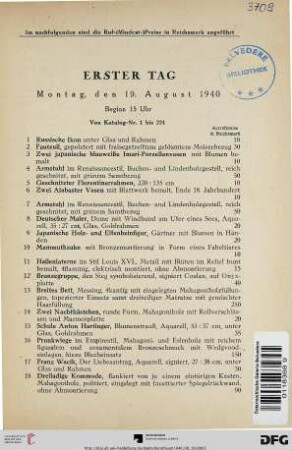 Erster Tag Montag, den 19. August 1940, Beginn 15 Uhr (Nr. 1-224)
