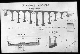 Drachenlochbrücke: Zeichnung des Längsschnitts und von Querschnitten