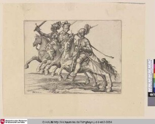 [Drei Kavalleristen mit erhobenem Schwert, nach links reitend; Three Cavalrymen in Full Armour with Raised Swords]