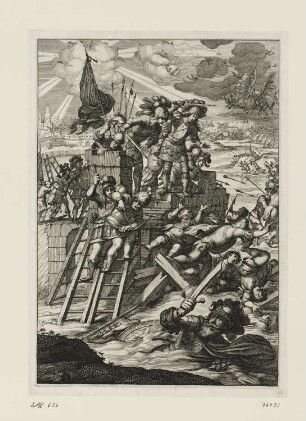 Heilige Johanna von Orléans drängt die angreifenden Engländer zurück, aus: Jean Chapelain, "La Pucelle ou La France delivrée, poëme héroïque", Paris 1656