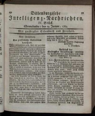 IV. Stück. Sonnabends: den 24. Januar, 1784.