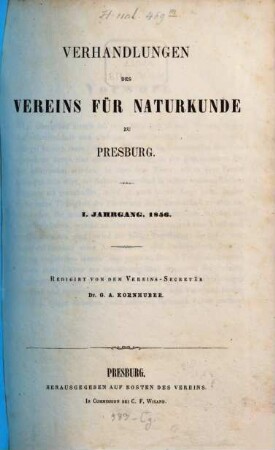 Verhandlungen des Vereins für Naturkunde zu Presburg, 1856 = Jg. 1