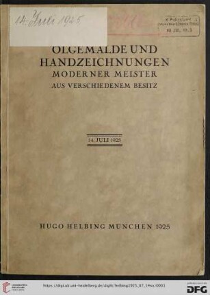 Ölgemälde und Handzeichnungen moderner Meister : aus verschiedenem Besitz; Auktion in der Galerie Hugo Helbing, München, 14. Juli 1925
