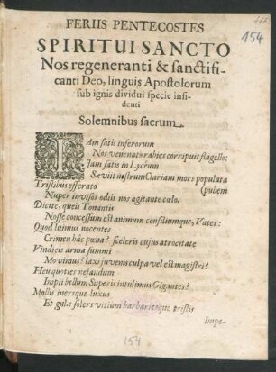 Feriis Pentecostes Spiritui Sancto Nos regeneranti & sanctificanti Deo, linguis Apostolorum sub ignis dividui specie insidenti Solemnibus sacrum