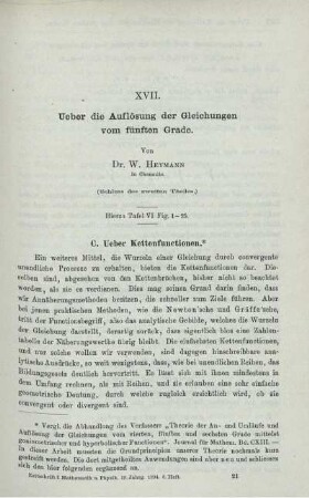 XVII. Ueber die Auflösung der Gleichungen von fünften Grade.