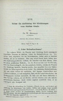 XVII. Ueber die Auflösung der Gleichungen von fünften Grade.