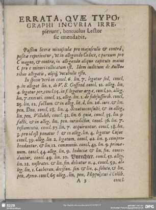 Errata, Quae Typographi Incuria Irrepserunt, benevolus Lector sic emendabit