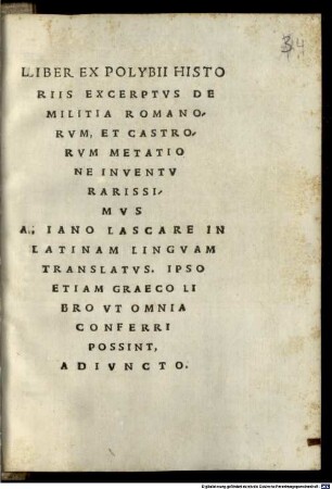 Liber ex Polybii historiis excerptus de militia Romanorum et castrorum metatione inventu rarissimus