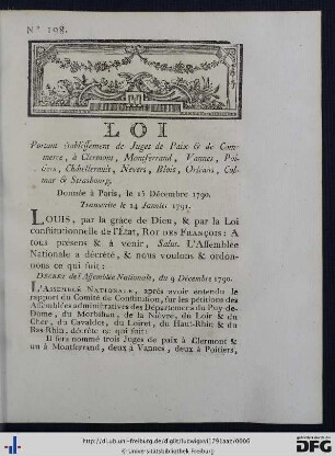Loi Portant établissement de Juges de Paix & de Commerce, à Clermont, Montferrand, Vannes, Poitiers, Châtellerault, Nevers, Blois, Orléans, Colmar & Strasbourg.