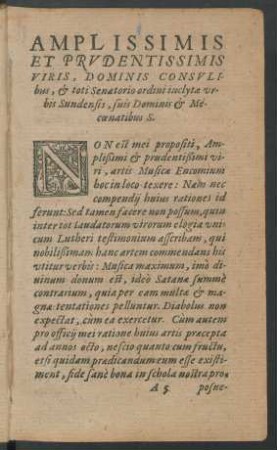 Amplissimis ... Consulibus, & toti Senatorio ordini inclytae urbis Sundensis, suis Dominis & Mecoenatibus S.