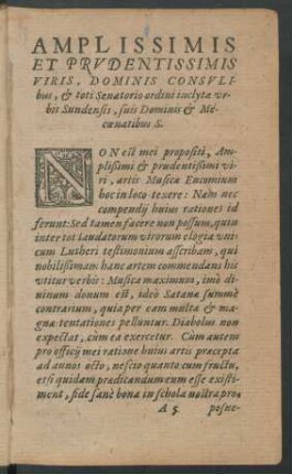 Amplissimis ... Consulibus, & toti Senatorio ordini inclytae urbis Sundensis, suis Dominis & Mecoenatibus S.