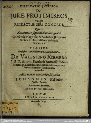 Disputatio de jure protimiseos, vulgo retractus seu congrui