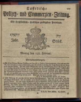 7tes Stueck, Montag den 13ten Februar 1797