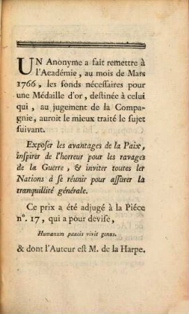 Les avantages de la paix : Discours qui a remporté le second prix au jugement de l'Académie Françoise