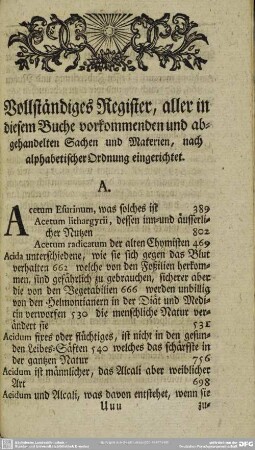 Vollständiges Register, aller in diesem Buche vorkommenden und abgehandelten Sachen und Materien, nach alphabetischer Ordnung eingerichtet