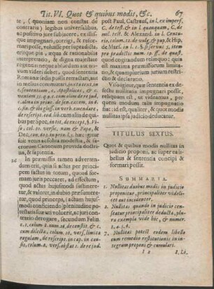 Titulus Sextus. Quot & quibus modis nullitas in judicio proponi, ac super ealibellus & sententia concipi & formari possit.
