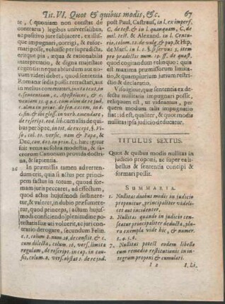 Titulus Sextus. Quot & quibus modis nullitas in judicio proponi, ac super ealibellus & sententia concipi & formari possit.