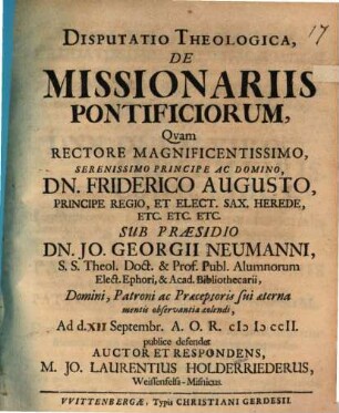 Diss. theol. de missionariis pontificiorum