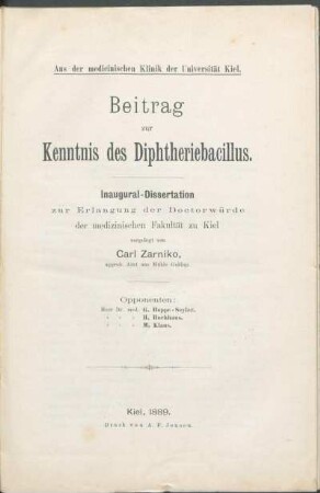 Beitrag zur Kenntnis des Diphtheriebacillus