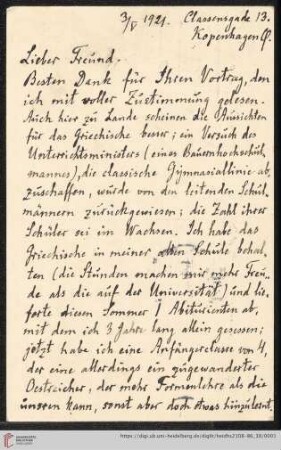 Briefe von Johan L. Heiberg an Franz Boll: Karte von Johan L. Heiberg an Franz Boll