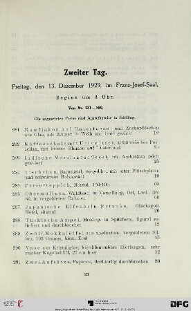 Zweiter Tag: Freitag, den 13. Dezember 1929, im Franz-Josef-Saal: Beginn um 3 Uhr (Nr. 281-580)