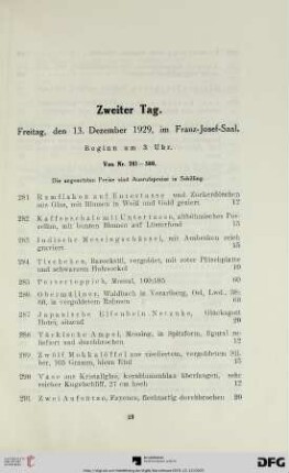 Zweiter Tag: Freitag, den 13. Dezember 1929, im Franz-Josef-Saal: Beginn um 3 Uhr (Nr. 281-580)